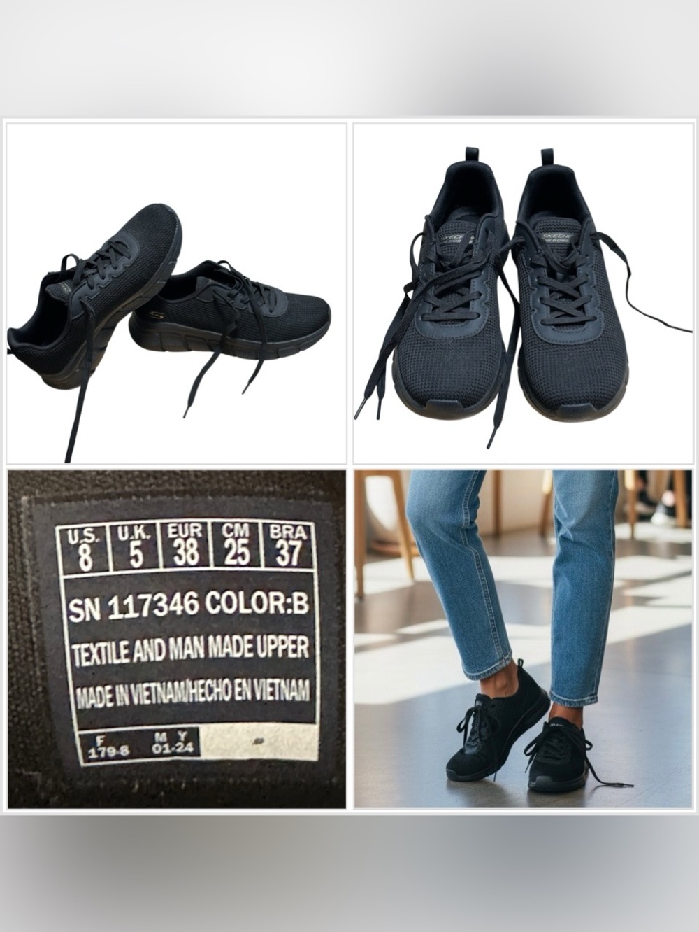 Women's Skechers BOBS 8 Shoes Black Tie Laces Air Cooled Memory Foam Lightweight